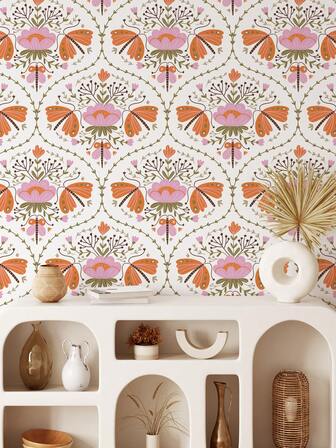 [1 Roll Waterproof Wallpaper] Waterproof Removable 1 Roll Dual Color Butterfly Floral Peel And Stick Wallpaper | 17.7 * 118.1 Inches, Vintage Wall Sticker, Geometric Mural, Home Decor, Wall Art, Wall Decoration Wall Paper Wall Stickers Room Decor Bedroom Decor