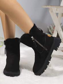 Cizme de zăpadă pentru femei din blană artificială cu fermoar lateral, cizme scurte calde cu căptușeală caldă multifuncțională și talpă groasă, cizme de zăpadă din piele întoarsă, mărime mare, potrivite pentru blugi, cizme negre cu fermoar lateral, cizme versatile cu toc gros pentru toamnă/iarnă - Negru - Vizualizare 5
