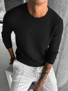 GRDR Men's Solid Color 7-Gauge Jacquard Knit Sweater, Basic Warm Thick Pullover For Autumn/Winter - Black - View 2