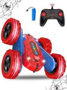1辆遥控蜘蛛特技车玩具，四驱漂移卡车，可360°翻转，2.4GHz遥控特技车带前大灯，可充电越野特技车玩具，适合3-13岁男孩，生日/圣诞礼物（蓝/绿/红） - 彩色 - 查看 12