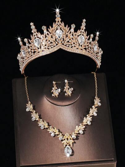 1 Set Gold Bridal Accessories, Luxury Rhinestone Crown, Shiny Crystal Necklace And Earrings 4pcs Wedding Jewelry Set, Suitable For Wedding Dress, Gala, Party