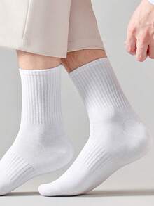 5双装儿童/青少年纯棉纯色袜子，日常休闲、上学、运动皆宜，中筒长度 - 白色 - 查看 2