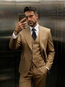 Men's Classic 3-Piece Business Suit Set | Classic Peak Lapel Blazer, Vest & Trousers For Wedding, Office & Formal Events - 棕色 - 查看 3