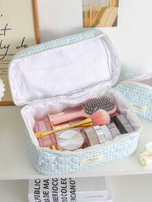1 件装蓝色格纹化妆包，绣有爱心图案，可爱波点印花，大容量旅行化妆包，带拉链，可收纳化妆刷，小口红袋，小物件收纳袋 - 粉色 - 查看 10