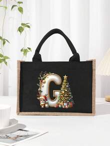 Men's Casual Tote Bag, Large Capacity Shopping Bag, Linen Beach Tote Bag Christmas Theme 26 Letter Print Commuter Tote Bag Yellow Linen Tote Bag, Shopping Bag With Gold Letter And Flower Print, Large Capacity Reusable Shopping Bag Laptop Bag Christmas Bags