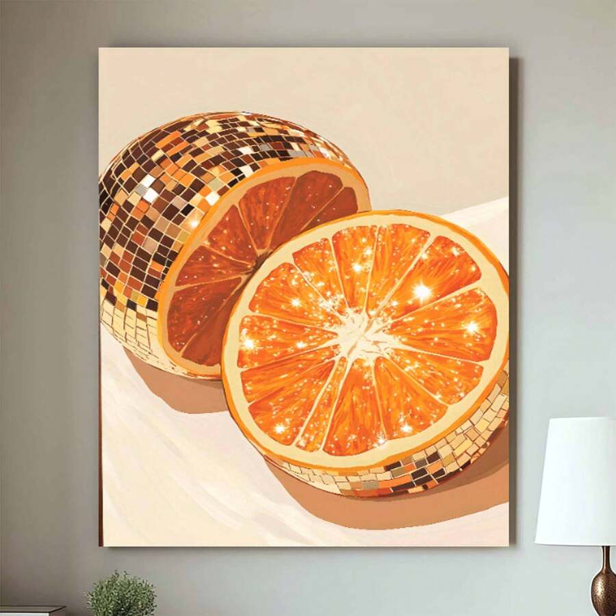 Framed 1pc Wooden Framed Disco Ball And Orange Canvas , Ready To Hang,   High-Quality Wall Picture Art Prints Poster Wall Decor For Bedroom Bathroom Living Room, New Year Halloween Christmas Xmas Birthday Festival Gifts - 框架 - 查看 1