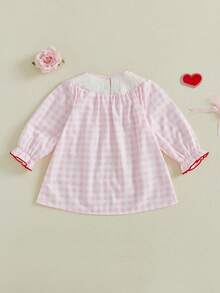 Toddler Girl Valentines Day Smocked Dress Heart Bow Embroidery Plaid Long Sleeve Crew Neck Princess Dress Kids Spring Outfit - 粉色 - 查看 7