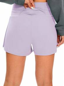 1pc Women Solid Color 2 In 1 Pocket Tight & Lift Sports Shorts, Comfortable & Versatile Nylon Shark Skin Tennis Shorts For Summer - Màu tím hoa cà - Xem 2