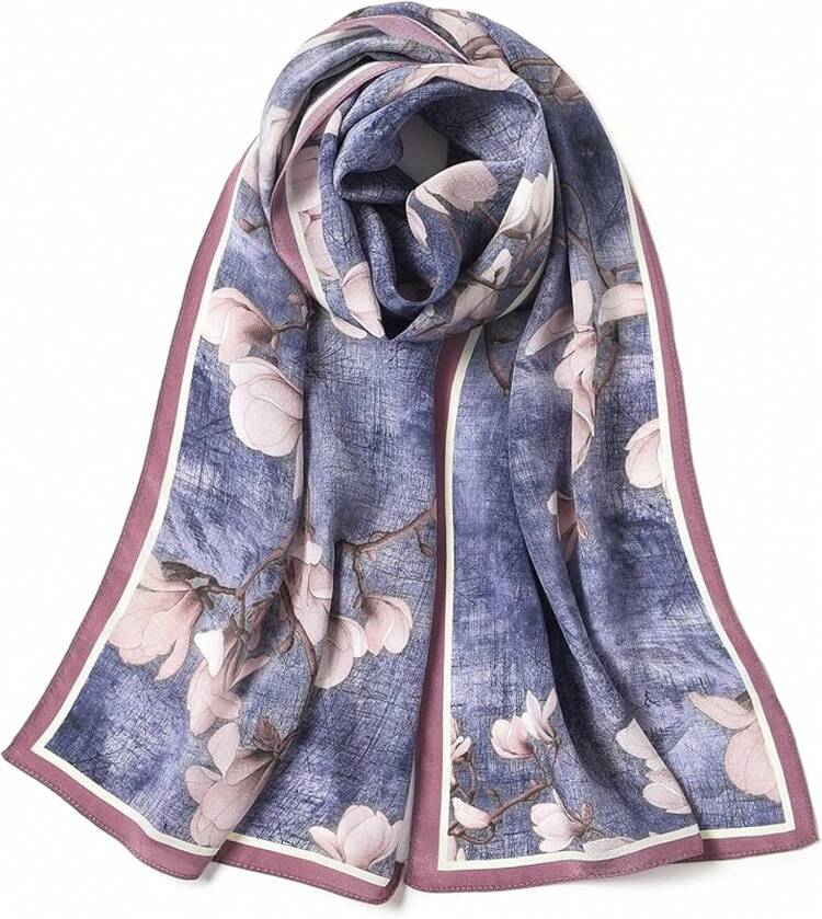 100% Seda de Morera Bufanda Larga para Mujeres de 55"*14" Pañuelo y Bufanda para el Cuello - Toalla Rectangular para el Cabello con Empaque de Regalo - Flor de magnolia - Añade 36
