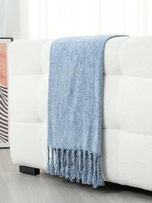 1pc Rectangular Dual-Tone Plaid Woven Sofa Blanket, Casual Polyester Fringe Throw Blanket Suitable For Office Nap, Daily Use - Chenille Pure Blue - View 2