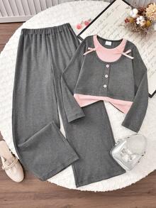 Vihyde 2 pezzi/set Top e pantaloni casual a gamba larga con fiocco decorativo, stile dolce a blocchi di colore, per ragazze, autunno/inverno