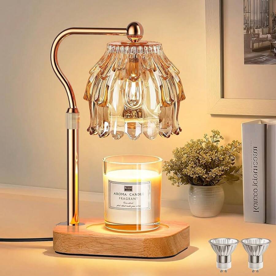 Candle Warmer Lamp With Timer Dimmer, Modern Wax Warmer Scented Wax Jar Candle Warmer With 2 Bulbs, Adjustable Height Glass Lamp Gifts Women, House Warming Gifts, Home Decor, Gold Amber - 琥珀色 - 查看 1