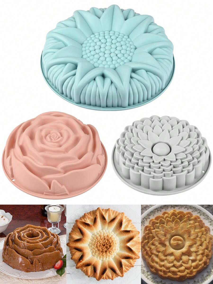 1PC Flower Shaped Silicone Cake Mold, Used For Baking Cakes, Bread, Pies, Jelly (Roses, Chrysanthemums, Sunflowers), And Large Circular Silicone Molds. Slight Color Difference Is A Normal Phenomenon And Does Not Affect Use. Kitchen Specific Baking Tools/Accessories - Multicolor - View 1