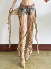 Asymmetrical Waist Tie Decor Women Top - Khaki - View 3