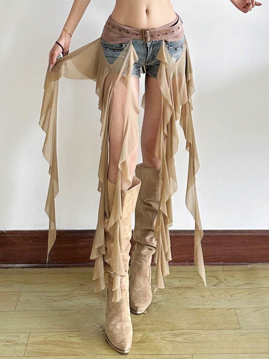 Blusa de mujer con decoración de lazo asimétrico en la cintura - Caqui - Ver 1