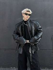 Small Niche Dragon Bone Metal Spine Fold Deconstruction Short Leather Jacket Jacket - Black - View 5