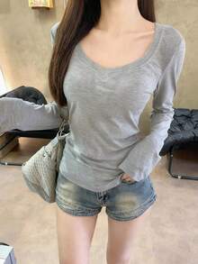 时尚 V 领长袖 T 恤，收腰，修身剪裁，打底上衣 - 灰色 - 查看 5