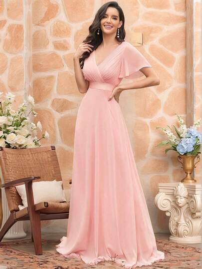 Elegant V-Neck Ruffle Butterfly Sleeve Pink Bridesmaid Dress, Wedding Guest Dress, Spring Semi-Formal Dress For Wedding, Birthday Party, Graduation, Valentine's Day