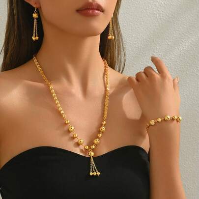 4件套时尚中东风流苏吊坠项链、耳环、手链首饰套装，适合女性，可用于派对、日常佩戴。