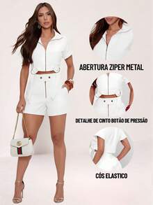 BLOG STORE Women's Short Set Cropped Top With Zipper And Shorts 9721 - 白色 - 查看 5
