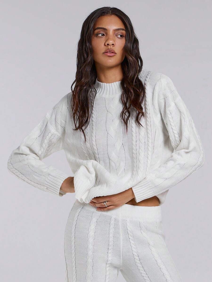 TypaGal Winter Fall White Modern Chic Wild New Year Party Retro Elegant Sexy Street Women Solid Color Round Neck Long Sleeve Simple Top And Pants Casual Suit In Fall/Winter - White - View 1