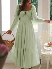 Damen Lässig Urlaubs Temperament elegantes einfarbiges langärmliges Kleid, geeignet für Dates, Ausflüge, Urlaub, Weihnachtsoutfit