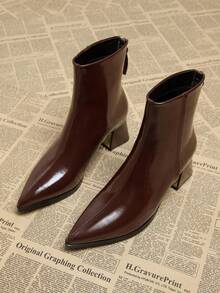 2025秋季新款女士优雅简约棕色短靴，粗跟低跟尖头鞋，踝靴，秋冬季百搭时尚踝靴 - 酒紅色 - 查看 2