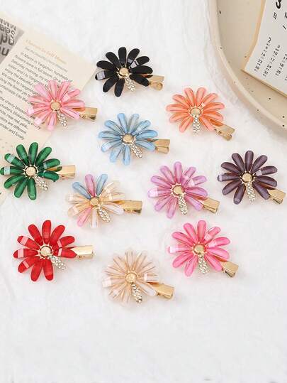 10 pièces Petits clips à cheveux mignons en forme de marguerite, clips latéraux pour frange avec fleurs en strass