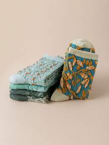 5 Pairs Women's Fashionable Green Embossed Mid-Calf Socks, Versatile For Autumn/Winter - Multicolor - View 5
