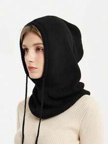 1pc Women's Fashion Knitted Hooded Neck Warmer, Drawstring Balaclava Hat, Versatile For Commuting
