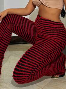 Pantalones sueltos casuales de mujer con rayas y contraste de color, versátiles para estar en casa, citas y uso diario - Rojo - Ver 7