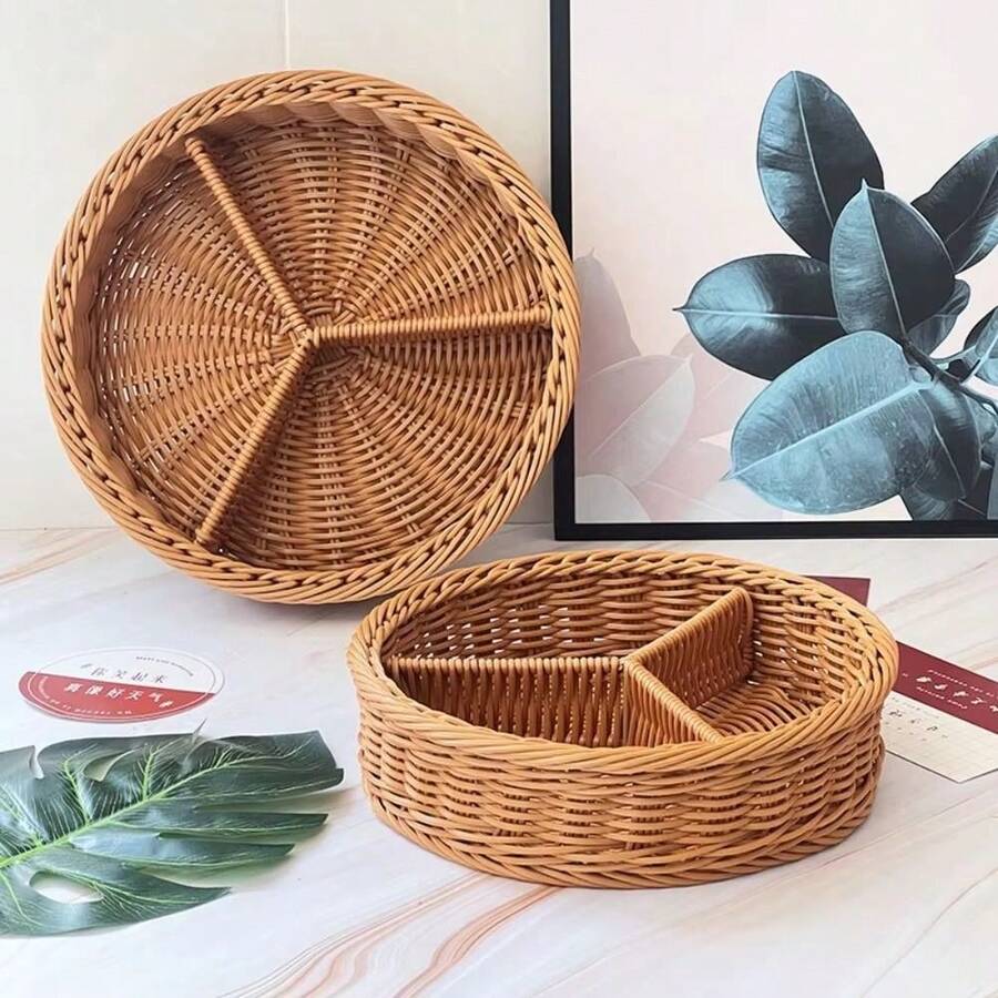 手工编织藤条托盘，分隔式柳条面包水果篮，装饰性嵌套托盘，零食坚果托盘，杂物收纳盒，适用于早餐、饮料、小吃、餐桌、咖啡桌 - 彩色 - 查看 1
