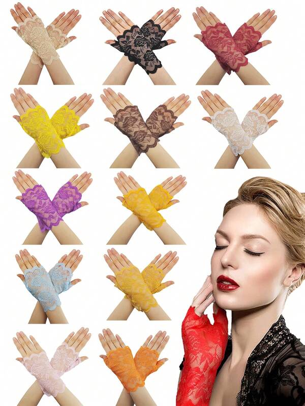 1 Pair D EXCEED Women's Lace Floral Opera Tea Party Gloves, Elegant Floral Bridal Wedding Ball Short Gloves, Clothing Accessory