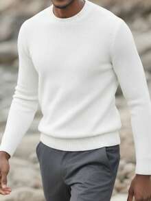 GRDR Maglione girocollo vintage in jacquard a 7 punti, pullover casual a maniche lunghe, lavorato a maglia, spesso e caldo per uomo - Bianco - Visualizzare 2