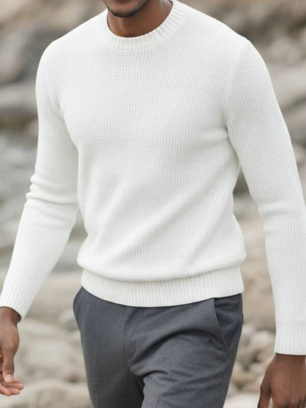 Pulover vintage cu guler rotund din jacquard, calibru 7, tricotat cu mânecă lungă, casual, gros și cald, pentru bărbați