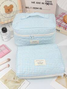 1 件装蓝色格纹化妆包，绣有爱心图案，可爱波点印花，大容量旅行化妆包，带拉链，可收纳化妆刷，小口红袋，小物件收纳袋 - 粉色 - 查看 7