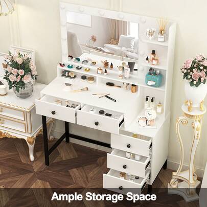 [Top Choice For Halloween And Christmas Gifts] Vanity Table With Makeup Mirror With LED Lights, Dressing Table Makeup Desk With Drawers - Scandinavian Modern Style, Solid Wood Construction, Dimmable LED Lights With Touch Sensor, Spacious Storage Organizer With Multiple Partitions For All Cosmetics, Skincare, Jewelry & Accessories | Perfect Bedroom Vanity, Bathroom Makeup Station, Dorm Room Organizer | Minimalist Fresh Aesthetic, Girly Chic Home Decor, Fast Shipping, In Stock Now For Immediate Delivery, Best Gift For Women, Teens, Bridal Shower Present