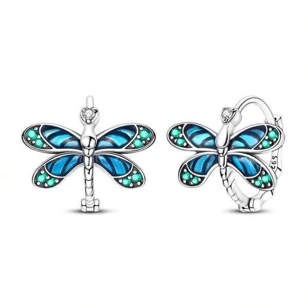 Exquisitos pendientes de aro de plata de ley 925 con libélula iridiscente, joyas con insecto cambiante de color para regalo de mujer