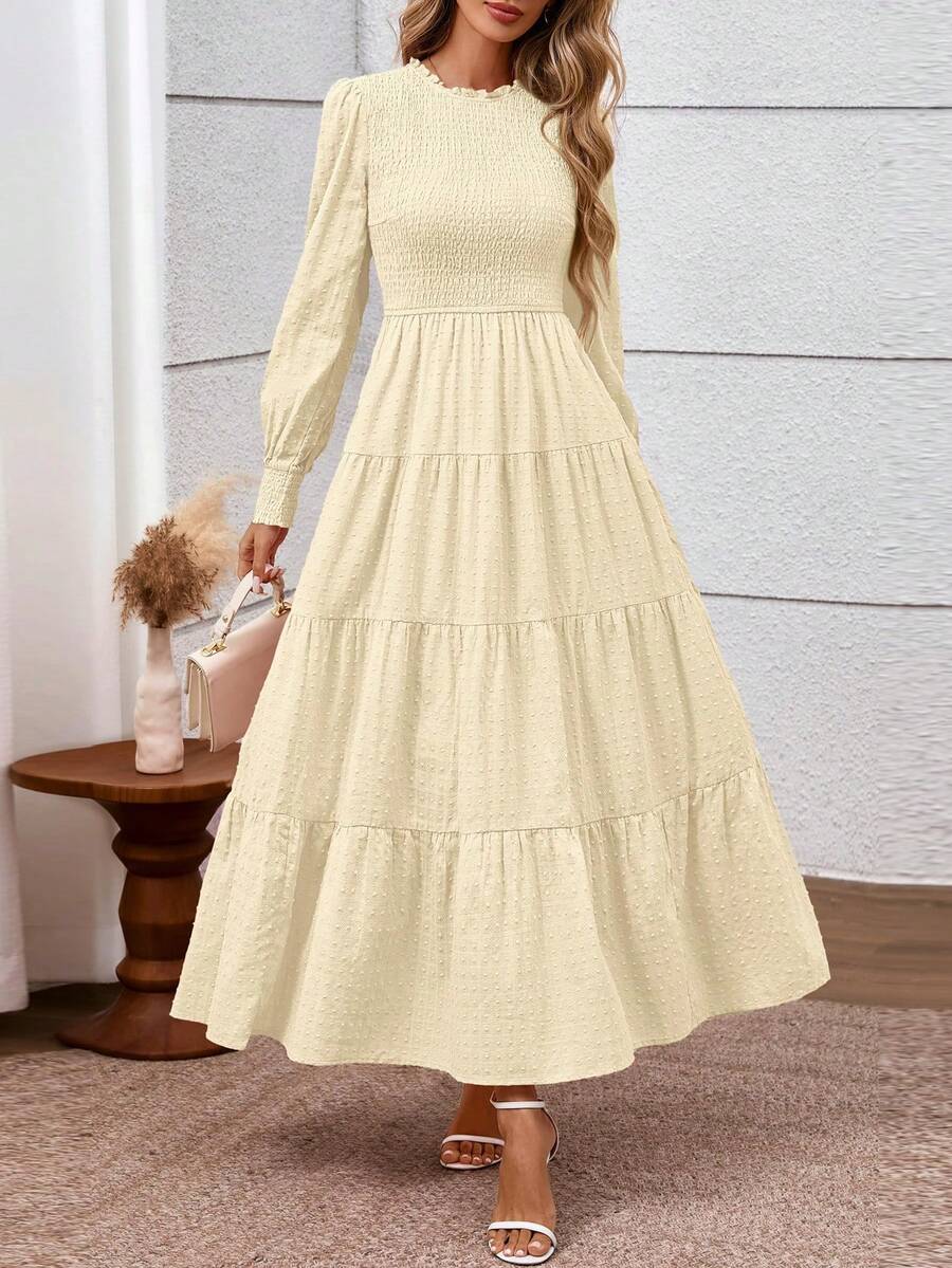 Women's Long Sleeve Maxi Dresses Fall Casual Smocked Trim Neck Swiss Dot Tiered Flowy Wedding Guest Dress - 杏色 - 查看 1