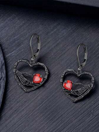 1 对哥特式玫瑰耳环，红心搭配黑玫瑰耳环，时尚万圣节配饰