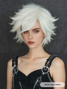 Heat Resistant Synthetic Hair Short White Spiky Layered Straight Anime Cosplay Wig With Bangs For Party Costume Holiday Christmas Comic Con Photography Props, Glueless High Density Natural Looking Fancy Dress Up Wig, Unisex Short Straight Role Play Wig, Cartoon Character Hair Wigs, Stage Performance Accessories, Ideal Choice For Gifts, Apperal Funny Wig - White - View 3