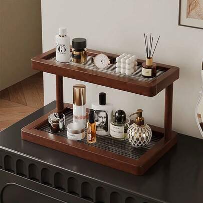 1pc Retro Wooden Acrylic Desktop Organizer Rack, Dual-Layer Multi-Purpose Tabletop Storage Shelf, Makeup Organizer, Kitchen Spice Rack, Cup Holder, High-End Tableware Rack, Home Decor And Storage Accessory, Suitable For Vanity, Makeup Desk, Kitchen, Bathroom, Office, Etc.