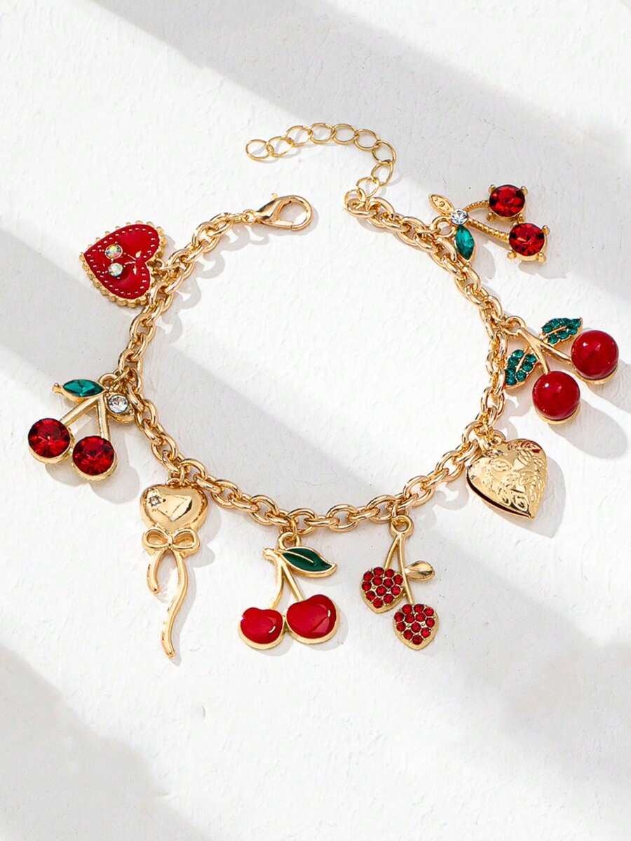 1件金色心形吊坠手链，配有蝴蝶结、牛仔帽、靴子和樱桃吊坠，女士珠宝礼物 - 彩色 - 查看 1