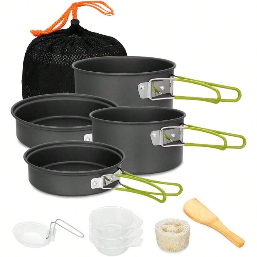 Gutsdoor Camping Cookware Set Camping Gear Campfire Utensils Non-Stick Cooking Equipment Lightweight Stackable Pot Pan Bowls With Storage Bag For Outdoor Hikinggift - 10PCSGreen - View 1