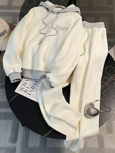 Women's New Fashion Casual Comfortable Gray & White Patchwork Contrast Color Honey Embroidery Elastic Waist 2-Piece Set, Solid Color, Suitable For Casual, Home, Daily, Outdoor, Commuting Wear In Autumn/Winter