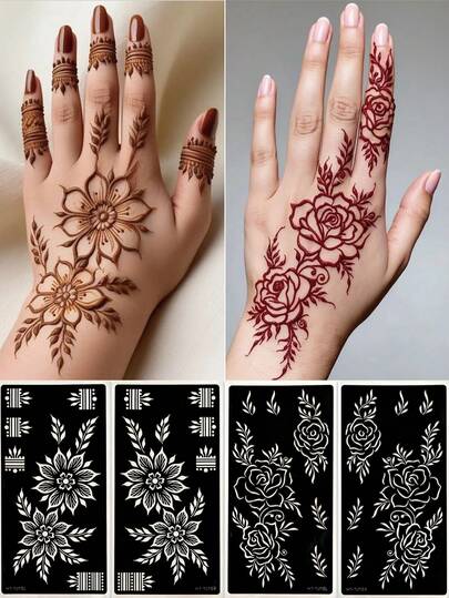 4 ark tillfälliga tatueringsschabloner, återanvändbara blommönster kroppskonstmallar för kvinnor kroppsmakeup Mehndi-designer