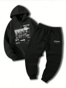 青少年男童帅气字母印花长袖加厚抽绳连帽衫和运动裤休闲两件套，抓绒面料，适合秋冬季节，青少年男孩礼物