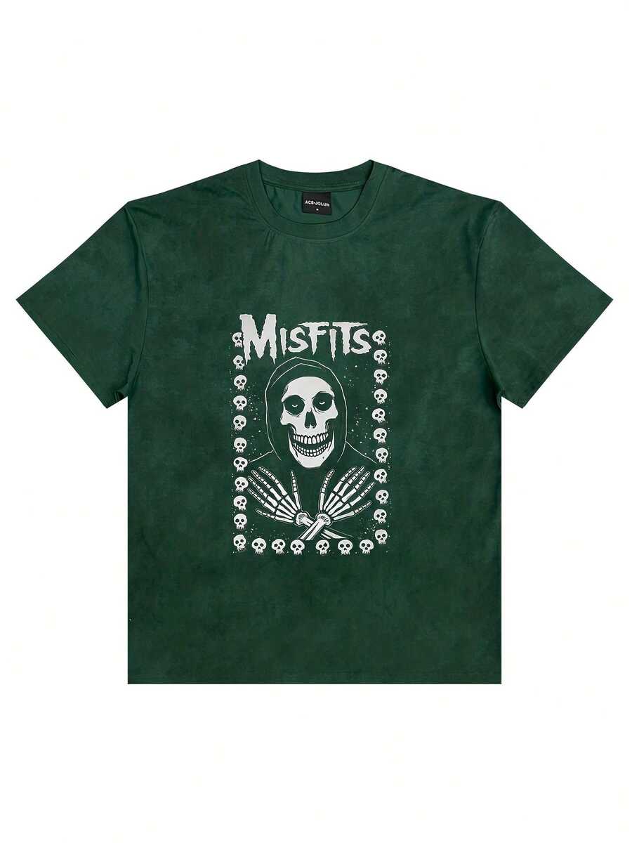 MISFITS Skull Graphic T-Shirt - Red Marbled Tie-Dye Textured Crew Neck Short Sleeve Tee, Stylized Grim Reaper Skull Design With Smaller Skulls Border, White Bold Font Above - Perfect For Rock Fans, Casual Summer Breathable Top- Fall Graphic T-Shirt Women's Halloween Animal Print Casual T-Shirt For Fall Outfit - 墨綠色 - 查看 1