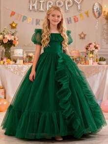 Abito lungo da damigella d'onore in tulle elegante per ragazze pre-adolescenti, adatto per feste di Natale, matrimoni e balli, con maniche corte - Verde - Visualizzare 6