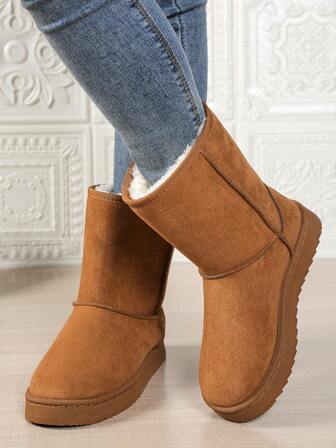 1 双厚毛绒高筒靴，厚底百搭女士一脚蹬中筒靴